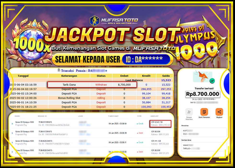 MUFASATOTO JACKPOT PRAGMATIC PLAY Rp.8.700.000 | LUNAS
