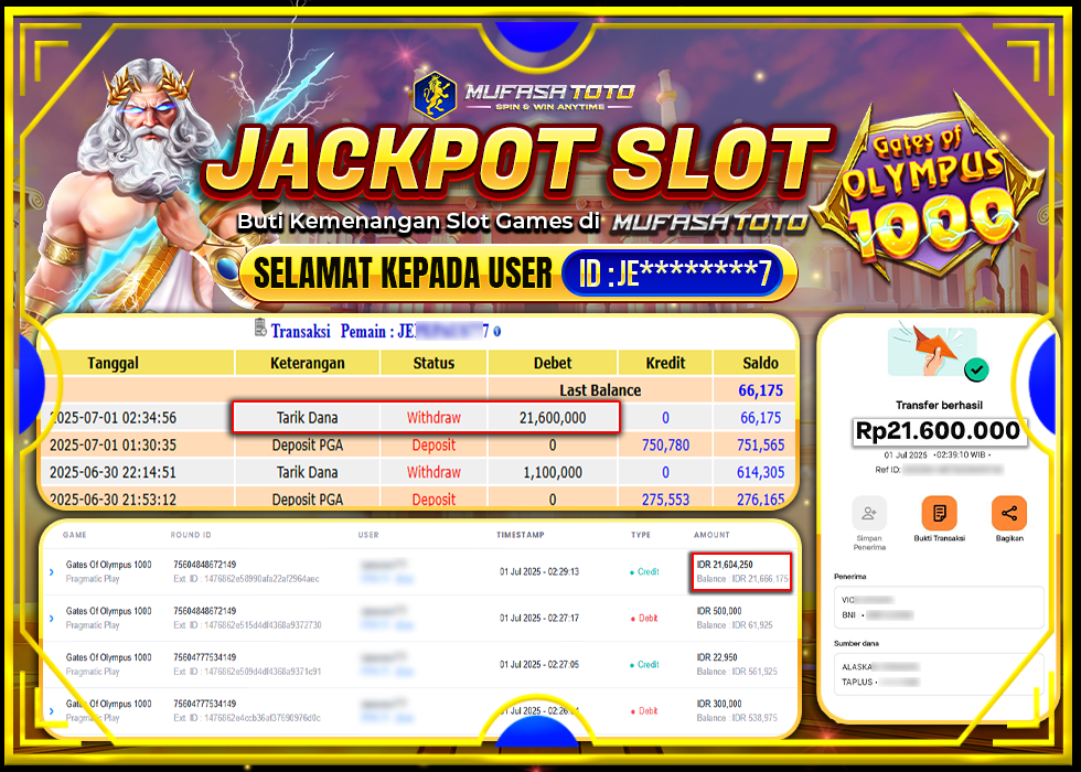 MUFASATOTO JACKPOT PRAGMATIC PLAYRp.21.600.000LUNAS