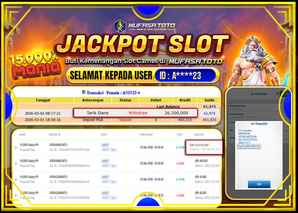 MUFASATOTO JACKPOT PRAGMATIC PLAY Rp 26.300.000 | LUNAS